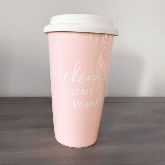 Weekend State Of Mind Pastel Pink White Ceramic Coffee Travel Mug - Picture 2 of 7